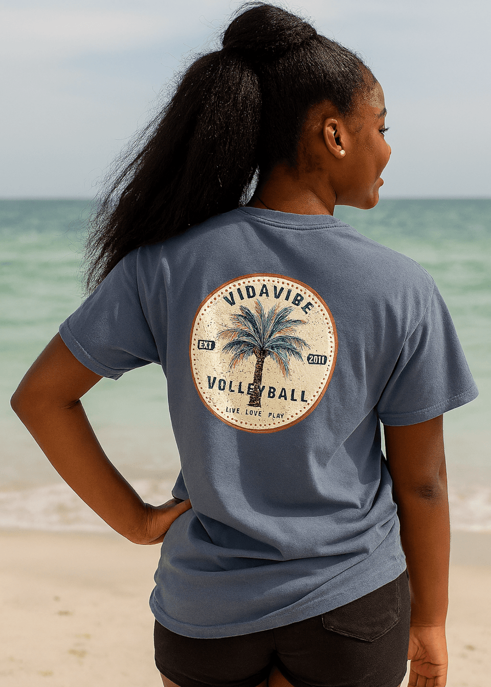 Palm Tree Volleyball Denim Tee